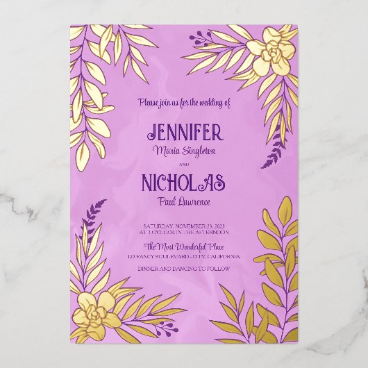 エレガントの花葉とオーナメント結婚の 箔招待状 (正面)