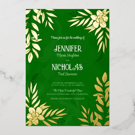 エレガントの花葉とオーナメント結婚の 箔招待状 (正面)