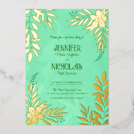 エレガントの花葉とオーナメント結婚の 箔招待状