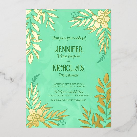 エレガントの花葉とオーナメント結婚の 箔招待状 (正面)