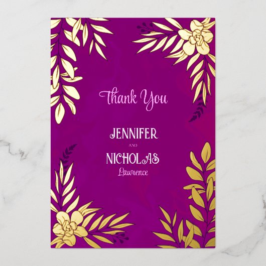 エレガントの花葉とオーナメント結婚の 箔招待状 (正面)