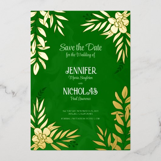 エレガントのFに葉は花と結婚オーナメント 箔招待状 (正面)