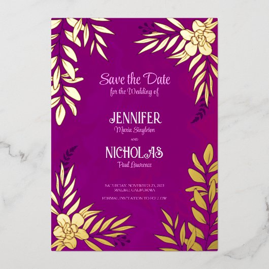 エレガントのFに葉は花と結婚オーナメント 箔招待状 (正面)