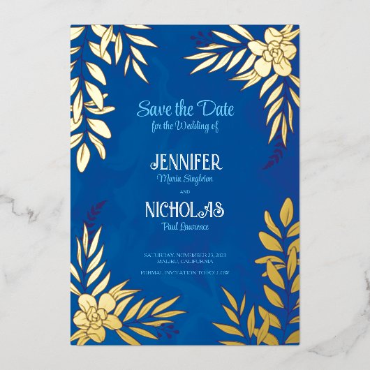 エレガントのFに葉は花と結婚オーナメント 箔招待状 (正面)