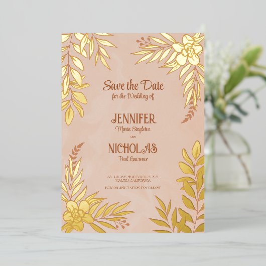 エレガントのFに葉は花と結婚オーナメント 箔招待状 (立ち正面)