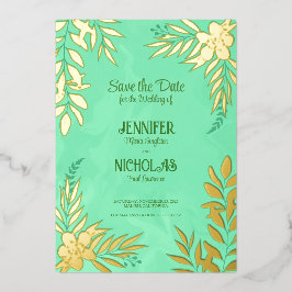 エレガントのFに葉は花と結婚オーナメント 箔招待状