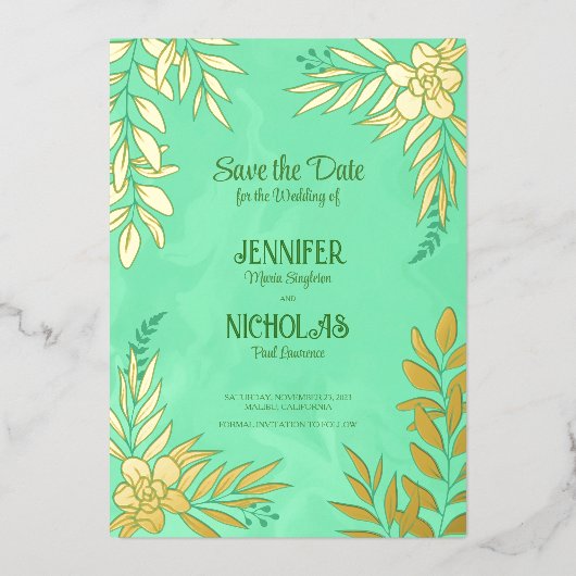 エレガントのFに葉は花と結婚オーナメント 箔招待状 (正面)