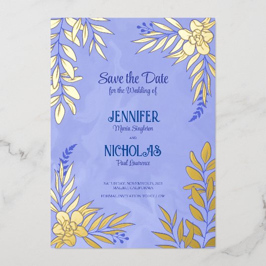 エレガントのFに葉は花と結婚オーナメント 箔招待状 (正面)