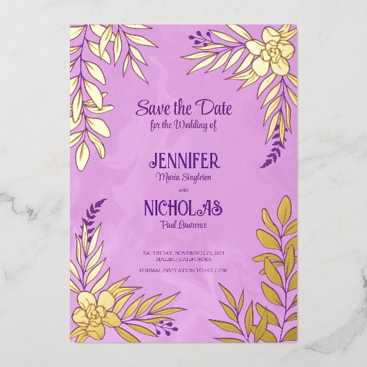 エレガントのFに葉は花と結婚オーナメント 箔招待状 (正面)