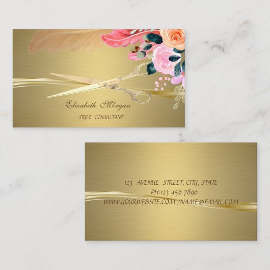 エレガントはさみ、花の羽フェイク金ゴールド 名刺 (正面/裏面)