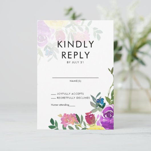 エレガントはっきりしたカラフルフローラの水結婚色 出欠カード (スタンド正面)