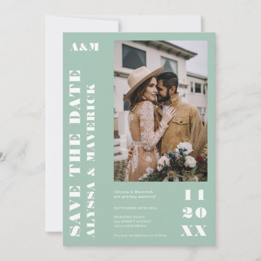 エレガントはっきりしたシンプルセージ緑2枚結婚の写真 セーブザデート (正面)