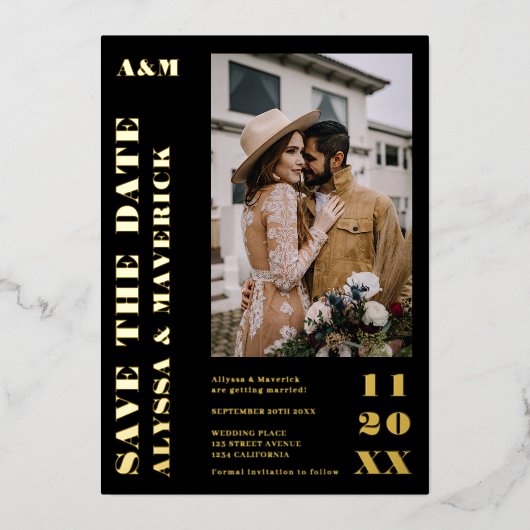 エレガントはっきりしたシンプル金ゴールド黒2枚結婚の写真 箔招待状 (正面)