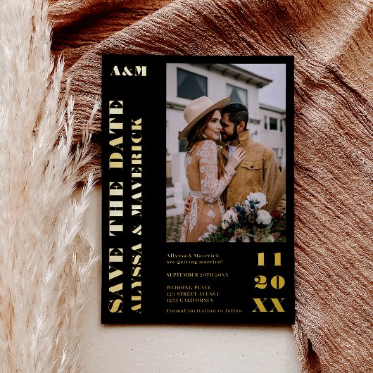 エレガントはっきりしたシンプル金ゴールド黒2枚結婚の写真 箔招待状