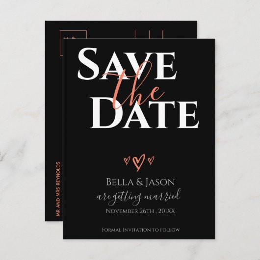 エレガントはっきりしたフォントブラックウェディング日付を保存 インビテーションポストカード (正面/裏面)