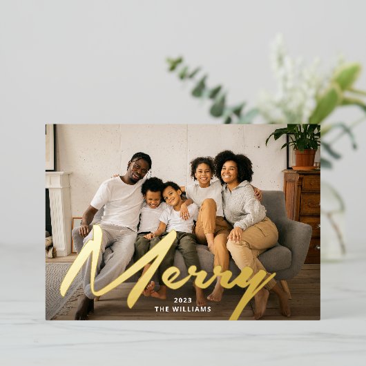 エレガントはっきりしたメリーBrush Scriptフォト実在金ゴールド 箔シーズンカード (立ち正面)