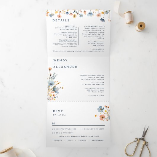 エレガントはっきりした結婚フローラ 三つ折り招待状 (内部)