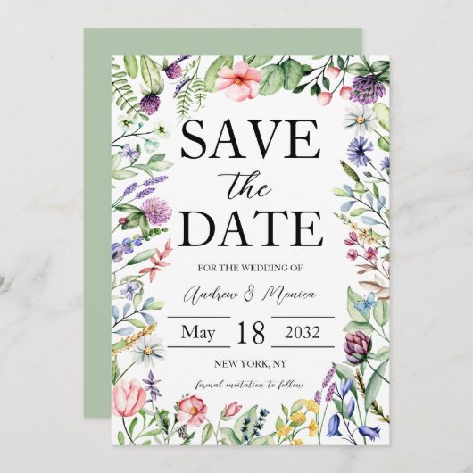 エレガントはっきりした花サージグリーン結婚ズ セーブザデート (正面/裏面)