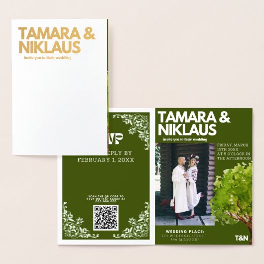 エレガントはっきりしたForest Green Slavic写真結婚 箔カード (ディスプレー)