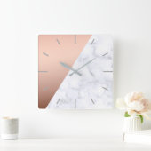 エレガントひし幾何学白大理石バラ金ゴールド スクエア壁時計 (ホーム)