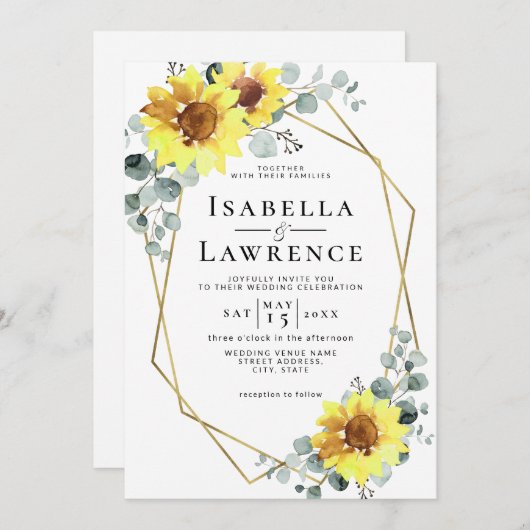 エレガントひまわりフローラ金ゴールド幾何結婚I 招待状 (正面/裏面)