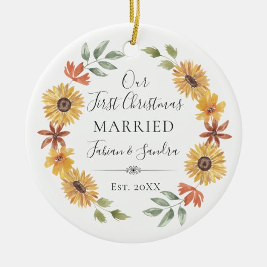 エレガントひまわり初めてのクリスマス結婚した セラミックオーナメント (正面)