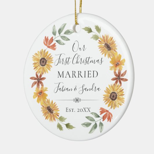 エレガントひまわり初めてのクリスマス結婚した セラミックオーナメント (左)