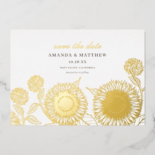 エレガントひまわり秋の結婚式保存日実在 箔招待状 (正面)