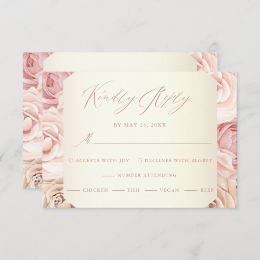 エレガントほこりっぽいバラフローラ結婚書道 出欠カード (正面/裏面)