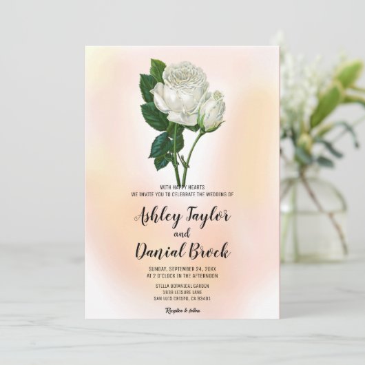 エレガントほこりっぽいバラ白い花のフローラ結婚のInv 招待状 (スタンド正面)