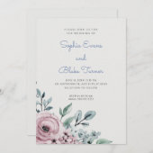 エレガントほこりっぽいピンクとブルーのフローラグリ結婚ーン 招待状 (正面/裏面)