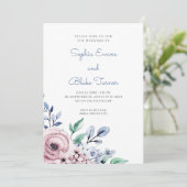 エレガントほこりっぽいピンクとブルーのフローラホワイト結婚ズ 招待状 (スタンド正面)
