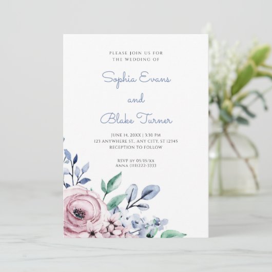 エレガントほこりっぽいピンクとブルーのフローラホワイト結婚ズ 招待状 (スタンド正面)