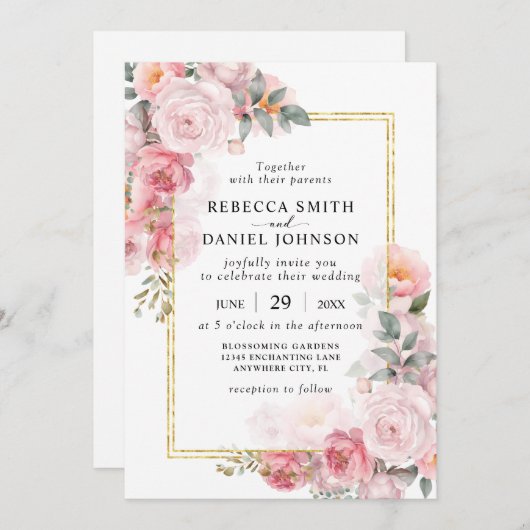 エレガントほこりっぽいピンクのバラとモダン金ゴールド結婚ズ 招待状 (正面/裏面)