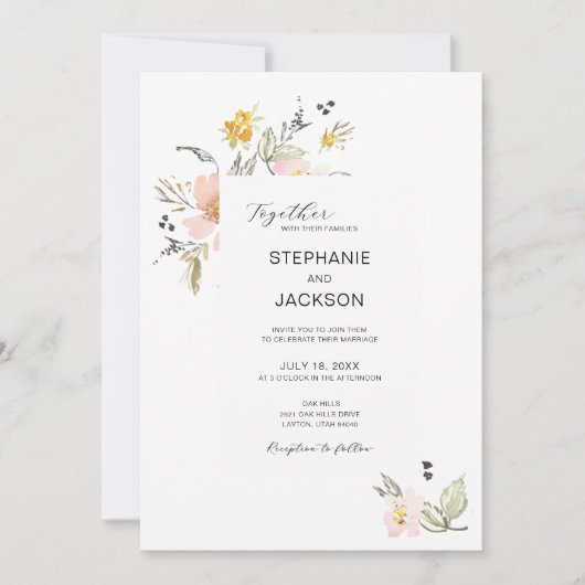 エレガントほこりっぽいピンクのフローラウォーター結婚カラー 招待状 (正面)