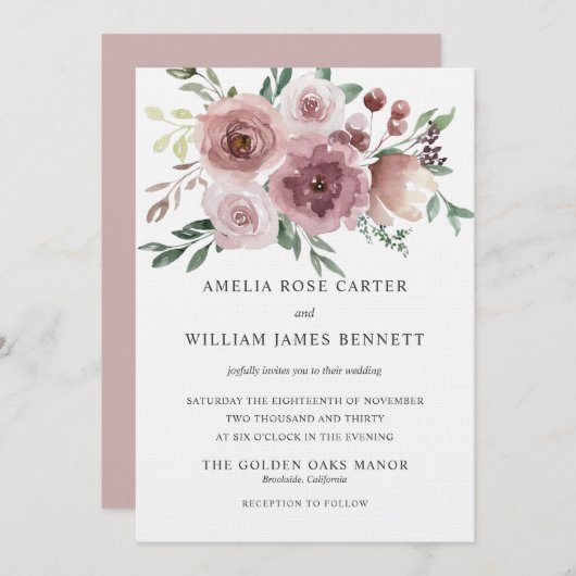 エレガントほこりっぽいピンクのモダンフローラ結婚ズ 招待状 (正面/裏面)