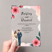 エレガントほこりっぽいピンクの花嫁と花婿のフローラ結婚 アクリル招待状 (インサイチュ (ポータブル))