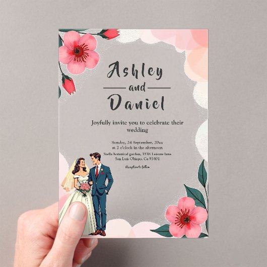 エレガントほこりっぽいピンクの花嫁と花婿のフローラ結婚 アクリル招待状 (インサイチュ (ポータブル))