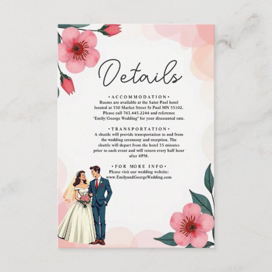 エレガントほこりっぽいピンクの花嫁と花婿のフローラ結婚 エンクロージャーカード (正面)