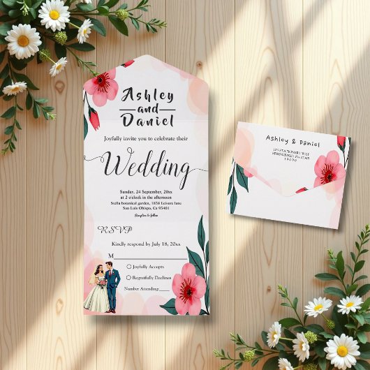 エレガントほこりっぽいピンクの花嫁と花婿のフローラ結婚 オールインワン招待状