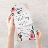 エレガントほこりっぽいピンクの花嫁と花婿のフローラ結婚 オールインワン招待状 (貼ってはがせる)