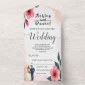 エレガントほこりっぽいピンクの花嫁と花婿のフローラ結婚 オールインワン招待状 (内側)