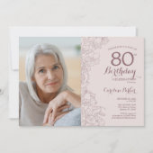エレガントほこりっぽいピンクフローラ写真80誕生日 招待状 (正面)