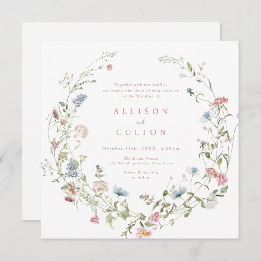エレガントほこりっぽいピンク素朴ワイルドフラワー結婚ボホ 招待状 (正面/裏面)