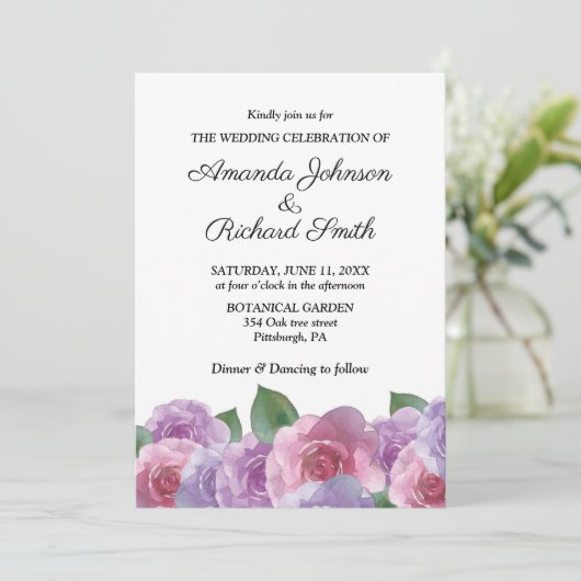 エレガントほこりっぽいピンク紫のフローラ結婚ズ 招待状 (スタンド正面)