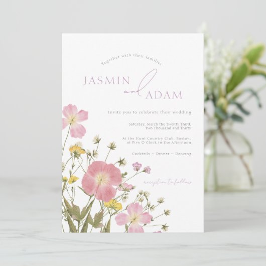 エレガントほこりっぽいピンク結婚の野の花 招待状 (スタンド正面)