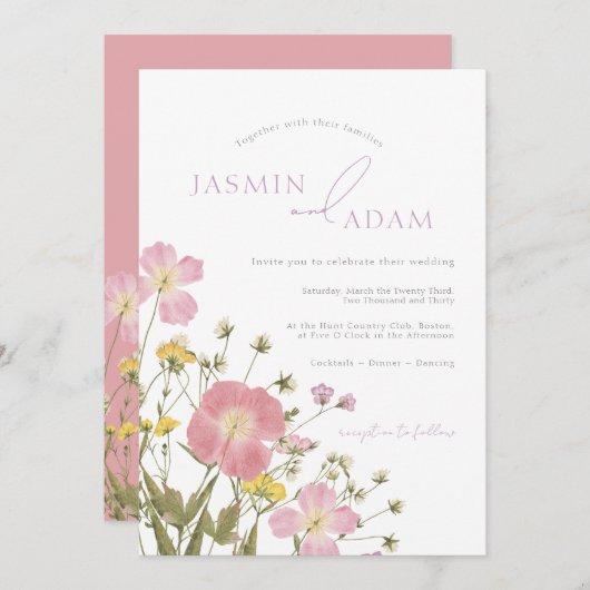 エレガントほこりっぽいピンク結婚の野の花 招待状 (正面/裏面)