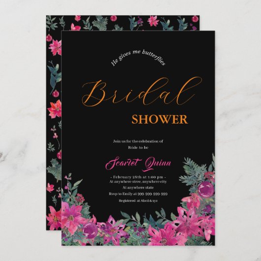 エレガントほこりっぽいピンク色のフローラブライダルシャワー 招待状 (正面/裏面)