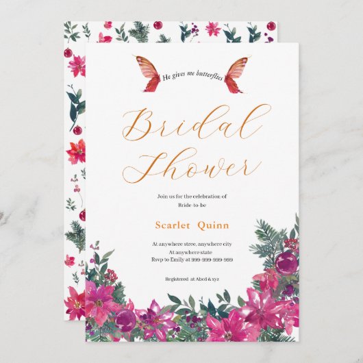 エレガントほこりっぽいピンク色のフローラブライダル束 招待状 (正面/裏面)