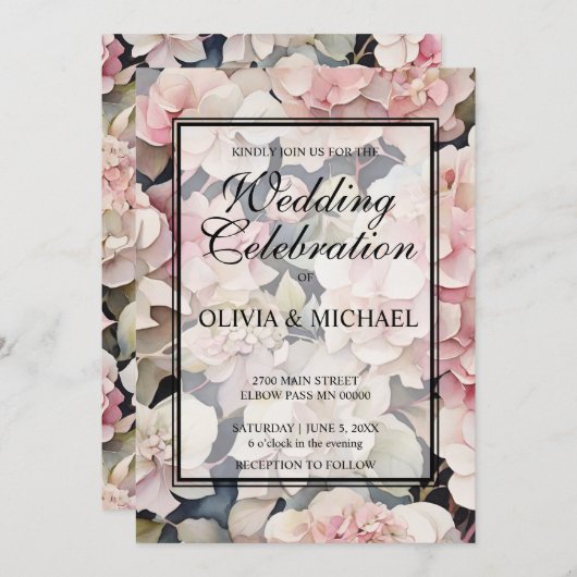 エレガントほこりっぽいピンク色のフローラ結婚 招待状 (正面/裏面)